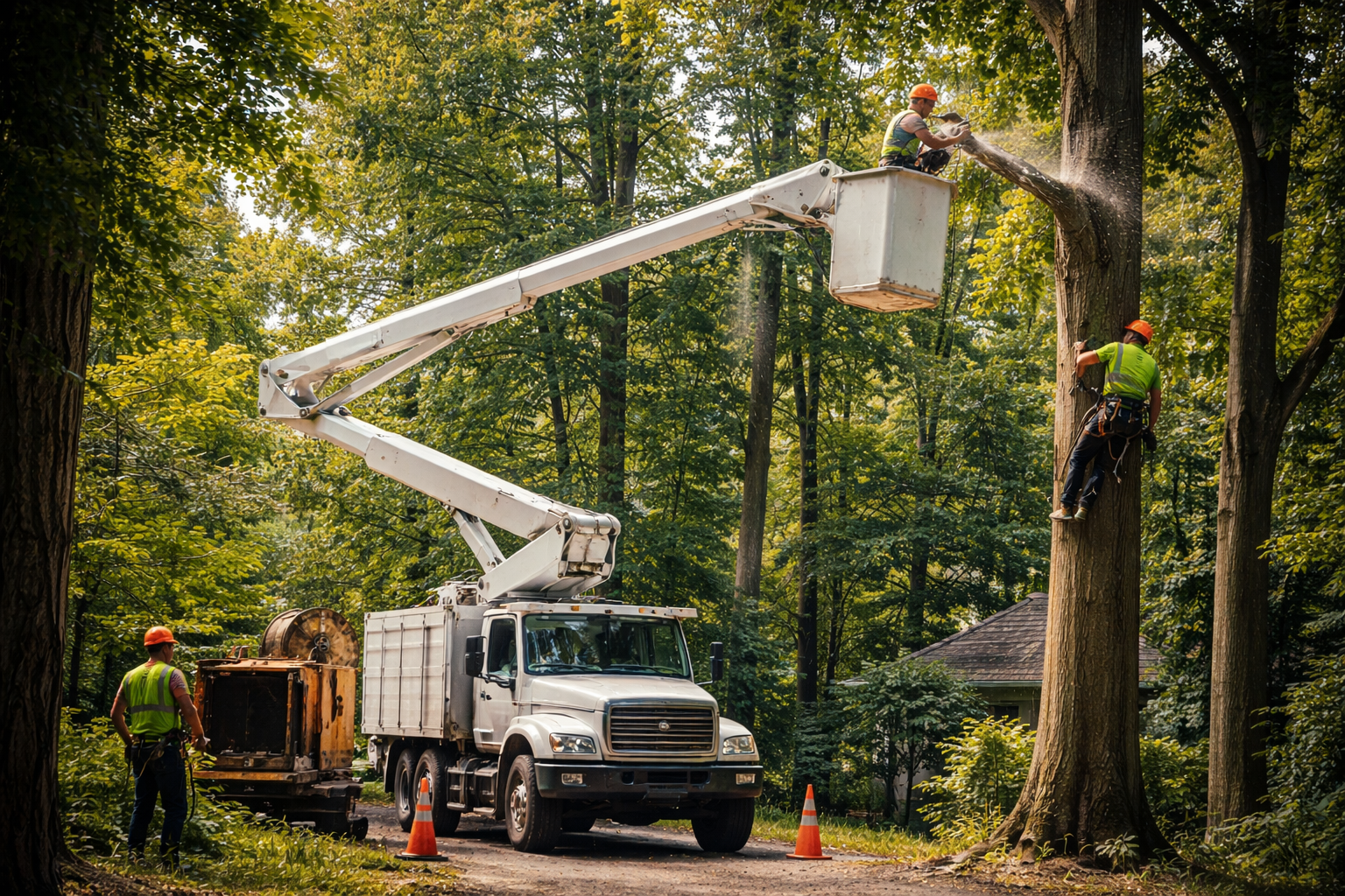 Tree worker in bucket truck cutting a branch